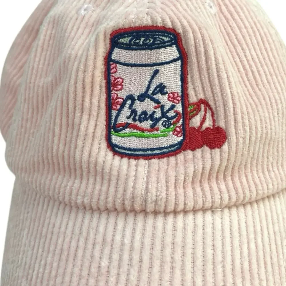 La Croix Pink Corduroy Soda Can Cherry Embroidered Adjustable Baseball Cap Hat S